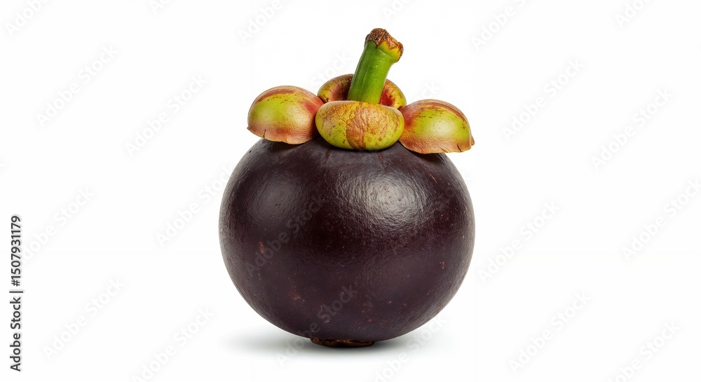 Obraz premium A ripe mangosteen displays its glossy purple exterior and greenish crown. This tropical fruit is known for its sweet and tangy flavor, typical in warm climates.