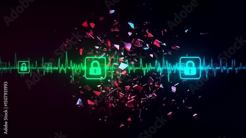 Digital security concept with padlock icons and shattered glass effects visual presentation