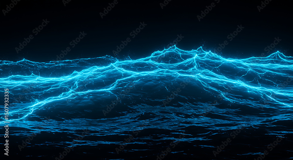 Fototapeta premium Abstract Blue Electric Ocean Waves Glowing Energy Dark Background Digital Art