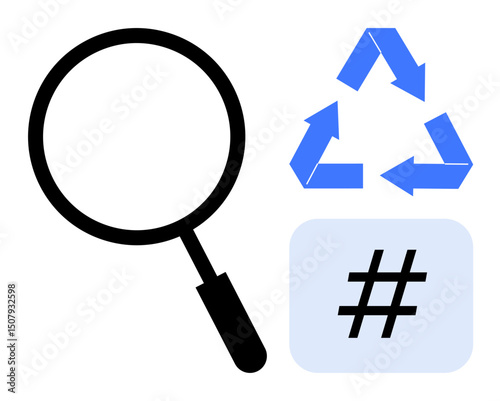 Magnifying glass for search, blue recycling arrows for sustainability, and metadata tag in a box for trending topics. Ideal for research, environment, technology, content, analysis, education simple