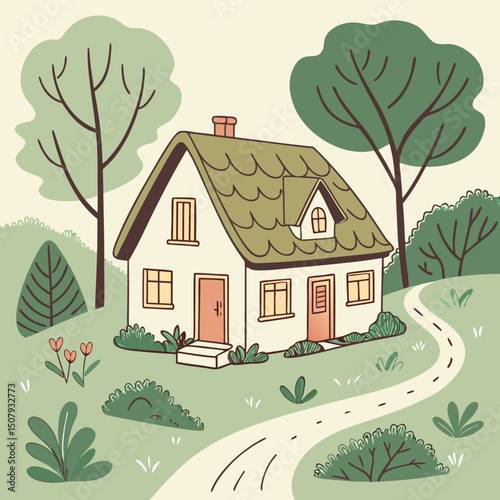 A cartoon vector illustration shows a summer landscape with a cottage house and tree on a grassy hill under a blue sky