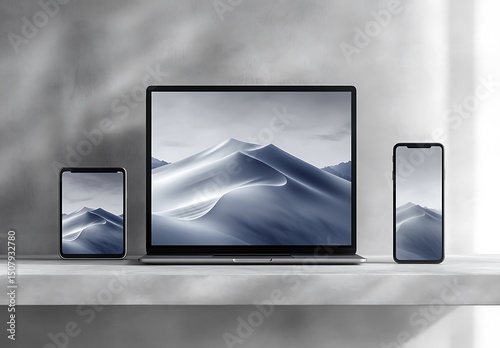 Sleek Laptop Tablet Smartphone Mockup with Mountain Landscape


 photo