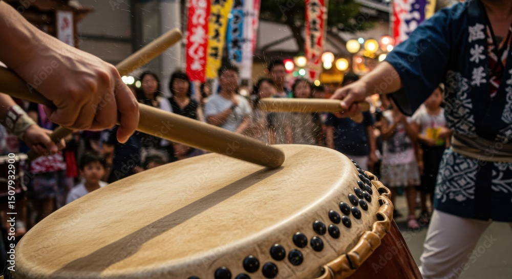 Fototapeta premium 祭りの太鼓を叩く演奏者のクローズアップ