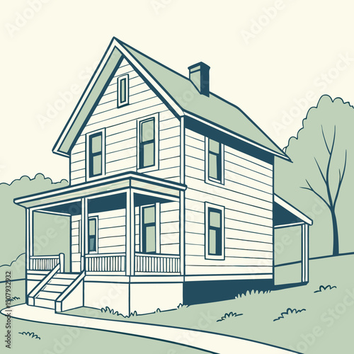 A 3D illustration shows a sketch of a new residential house with a roof, representing real estate business