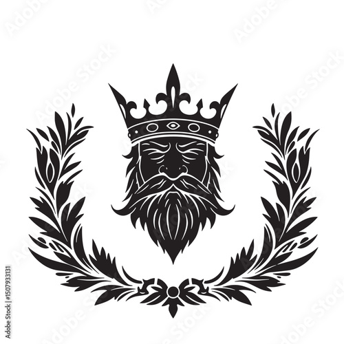 Royal king head silhouette wearing a crown within a laurel wreath emblem