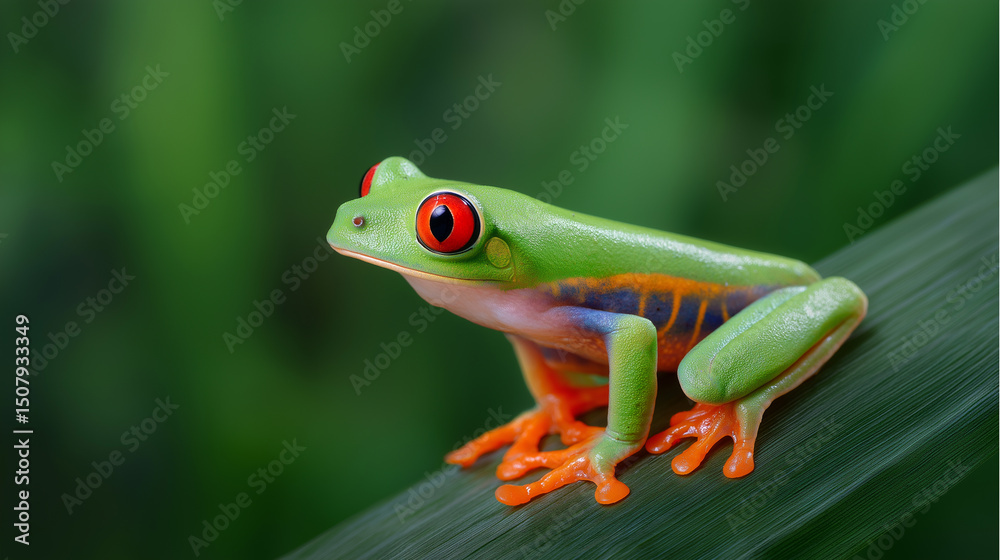 Obraz premium Close-up of a vibrant red-eyed tree frog perched on a green branch against a blurred jungle background. 