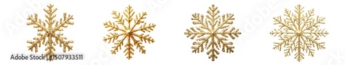 set of detailed golden snowflakes against a plain background.