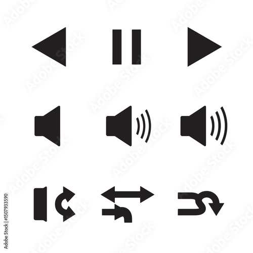 Essential media player and audio icon set silhouette design for multimedia applications
