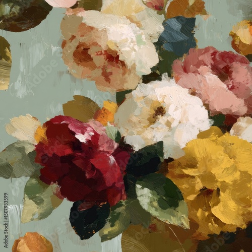 Colorful Floral Bouquet Painting On Light Mint Background