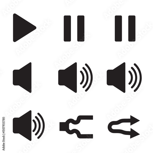 Set of black silhouette audio icons play pause volume mute and directional indicators on white background