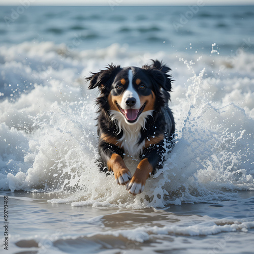 An active happy dog running away from sea waves at full speed is having fun. Pet Bernese Mountain Dog or puppy playing with a strong ocean weave. Freedom and happiness concept. Joy of a free animal