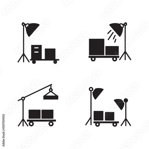 Set of studio lighting equipment and cart icon silhouettes for photography and filming production