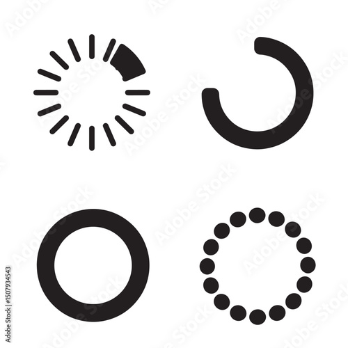Loading and progress indicator icons set with circular and semi circular shapes design in silhouette style