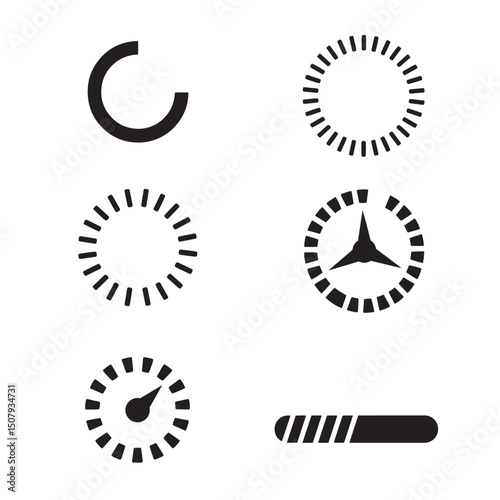 A collection of black and white silhouette loading and progress indicators