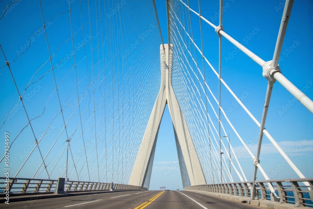 Fototapeta premium Modern cable-stayed bridge stretching across a highway.