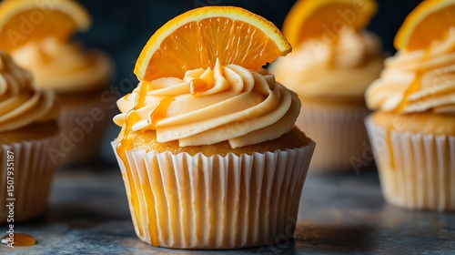 Close-up of orange-flavored cupcakes with a swirl of cream cheese frosting.