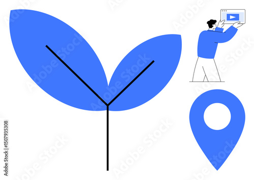 Large blue leaf symbolizing growth, person holding video display suggesting learning, and a location pin. Ideal for environment, education, marketing, creativity, technology, navigation simple