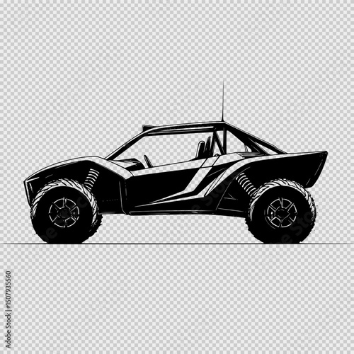 Minimalist Black and White Line Logo of Dakar Side-by-Side Vehicle with Open Cockpit, Low Profile, Chunky Wheels, and a Subtle Yellow Frame Accent on White Background with Pastel Touches