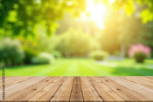 Wooden surface over a blurred garden scene. photo