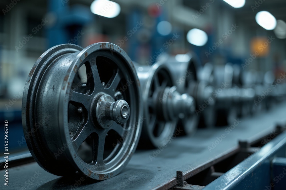 Fototapeta premium Metal wheels on a conveyor belt in a factory.