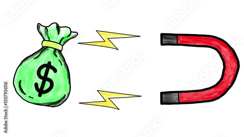 4K Animation of Stylized Drawing Showing A Magnet Attracting A Bag Of Money With Yellow Energy Lines