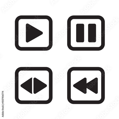 Black and white media control icons collection for play pause rewind and fast forward functions