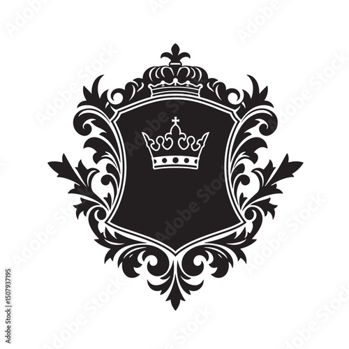Royal heraldic silhouette emblem featuring crown crest and flourish vector design