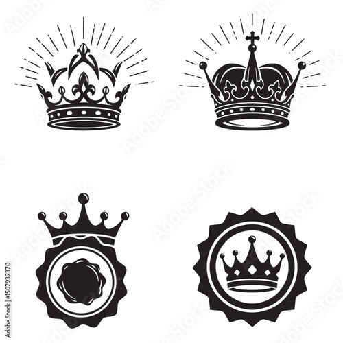 Collection of four elegant crown silhouettes with decorative rays and royal elements