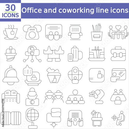  Office and coworking line icons collection. Big UI icon set in a flat design. Thin outline icons pack. Vector illustration