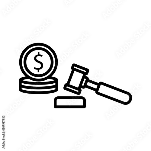 auction hammer with coins isolated on white background