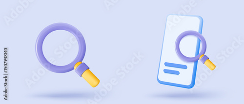 3D searching bar or magnifying glass icon signs for research info statistic. analyzing investment money cash and exchange with detective. 3d magnifier zoom icon vector render illustration