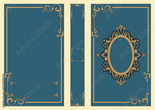 Vintage book cover, gold border decoration of old book, book cover template