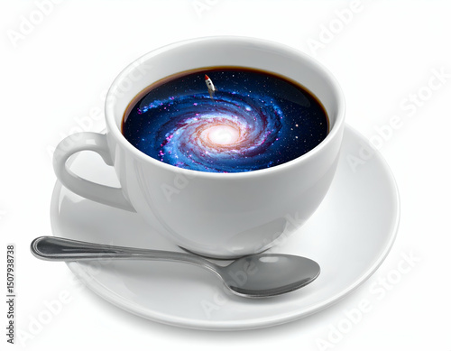 Cosmic Coffee A swirling galaxy within a coffee cup, a tiny rocket ship embarking on a caffeine-fueled adventure.