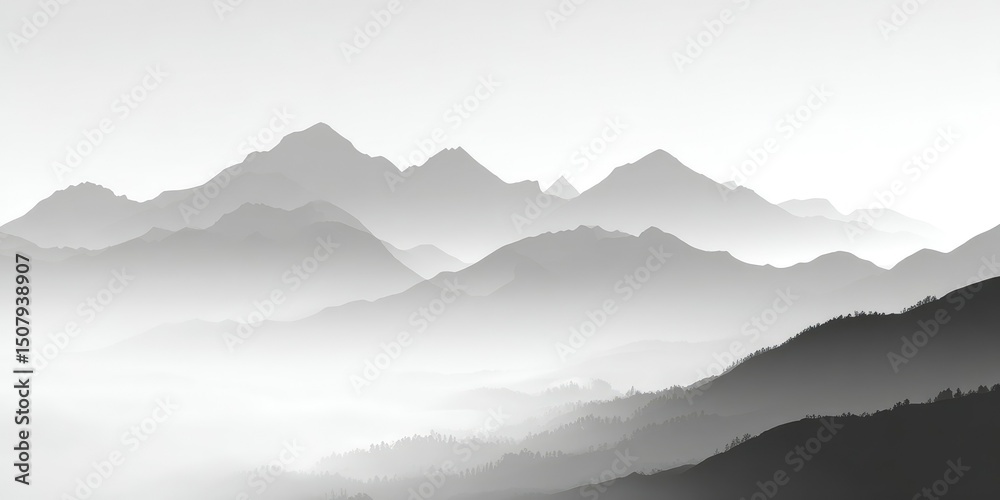 Obraz premium Monochromatic mountain range shrouded in mist, showing a grayscale gradient from light to dark, creating a serene and peaceful atmosphere