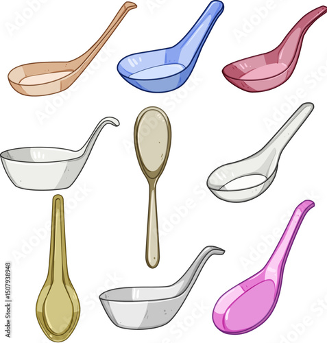 ceramic soup spoon set cartoon vector illustration