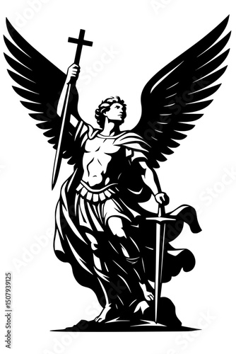 A vector illustration of Saint Michael the Archangel, depicted with wings, sword, and cross. 