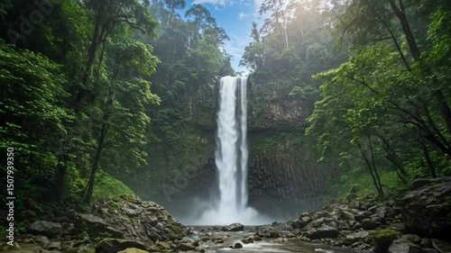 Lush jungle frames Tamalawe Waterfall plunging into a tranquil river in Indonesia