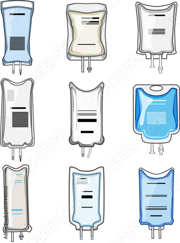 iv fluid bag set cartoon vector illustration