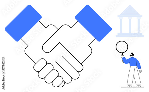 Large handshake with blue accents signifying collaboration and agreement. Includes a figure holding a magnifying glass near a government building outline. Ideal for business, justice, trust