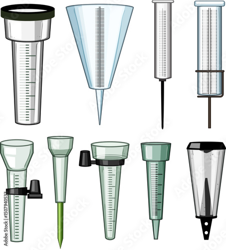 rain gauge set cartoon vector illustration