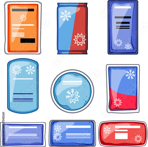 reusable hot cold gel pack set cartoon vector illustration