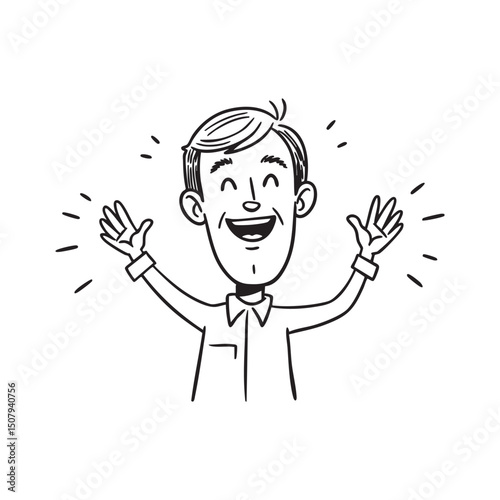 Joyful Man Cartoon Illustration Happy, Excited, Outline Drawing