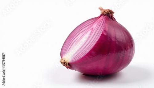 Close-up of red onion, showing layers, white backdrop, onion skin, still life, white background