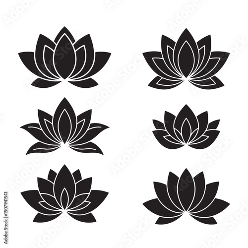 Elegant black and white lotus flower silhouette design elements for wellness and spiritual concepts