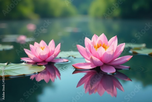 Pastel colored water flowers create a repeating motif on a still lake , calm, macro