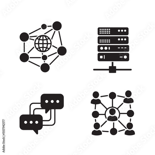 Conceptual silhouette icons representing technology network communication and social interaction in modern digital world