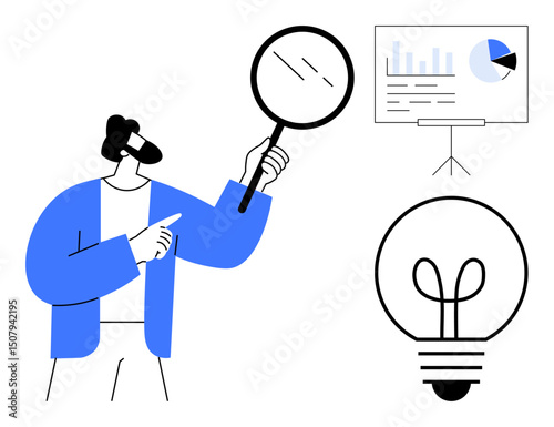 Man holding magnifying glass examining insights, presentation board with graph, light bulb symbolizing innovation. Ideal for analysis, brainstorming, ideas, teamwork, problem-solving, growth