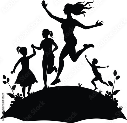 Silhouette of a Happy Family: Mother, Daughters, and Son Running and Jumping on a Hill with Flowers, Vector Illustration