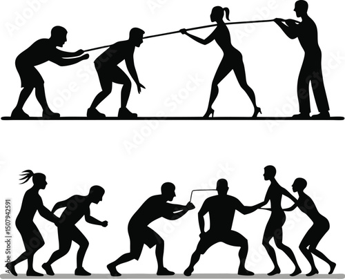 Tug of War Silhouette Vector: Teamwork, Competition, Strength, and Strategy Illustration for Design and Graphics Projects