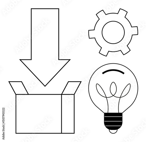 Open box with downward arrow, gear icon, and light bulb for idea generation, delivery process, innovation. Ideal for creativity, process management, technology, entrepreneurship simple landing page